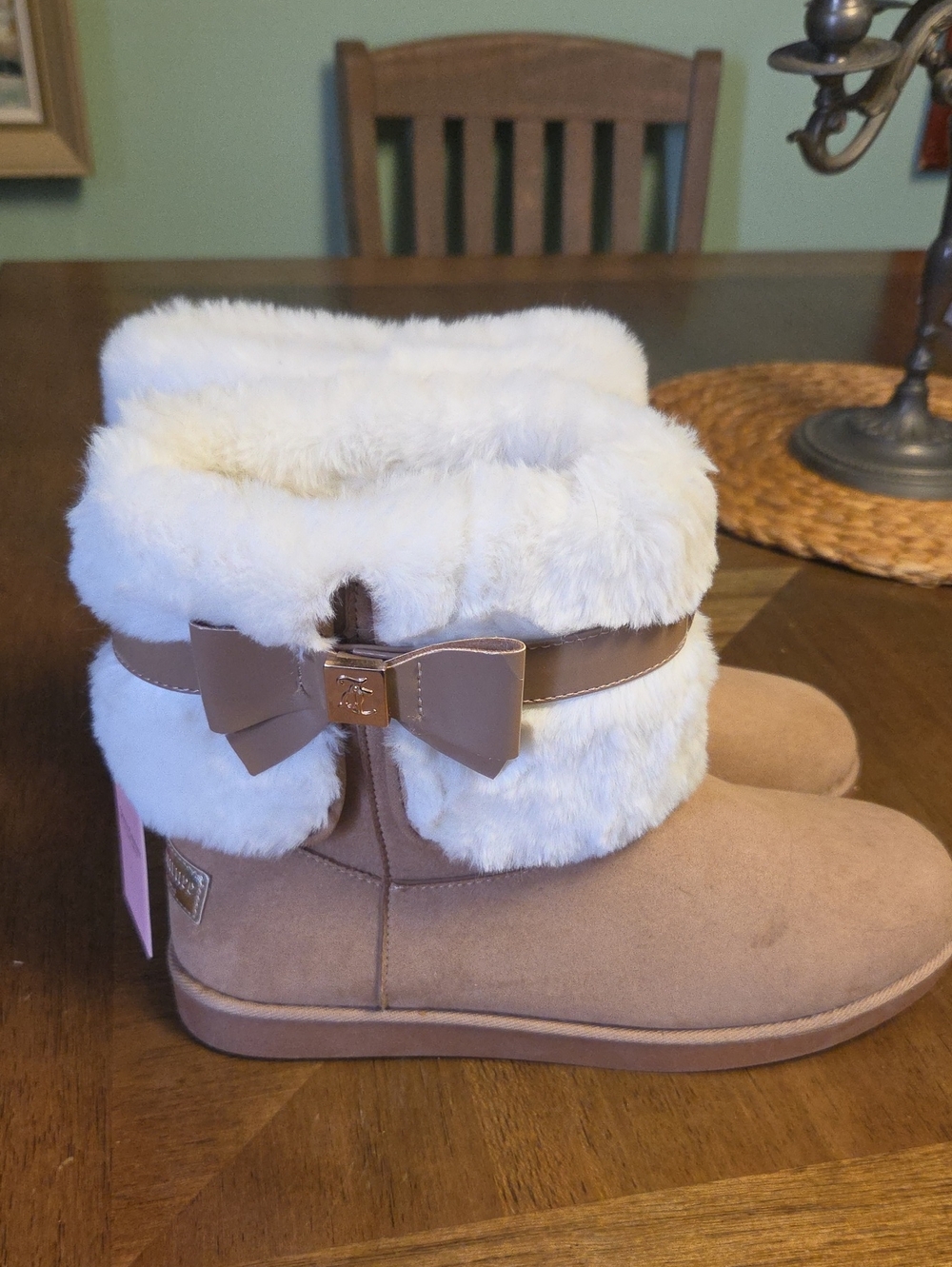 Womens Tan Faux Suede Boots with White Faux Fur and Bow